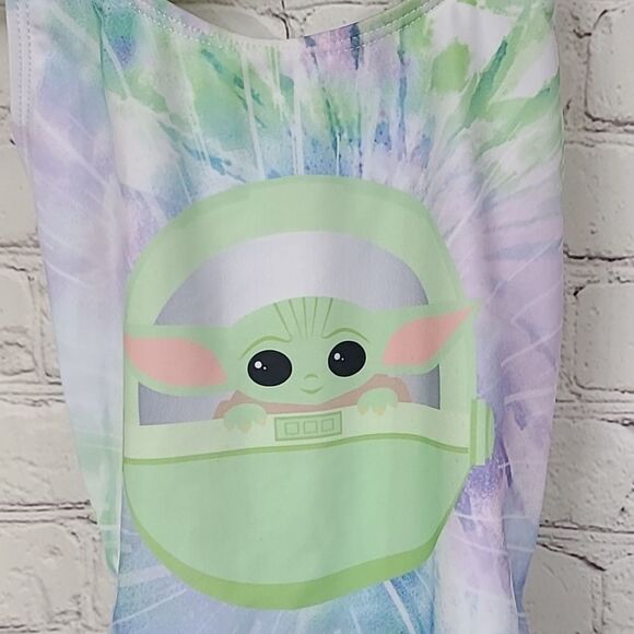 Girls 7/8 Star Wars Mandalorian Grogu Baby Yoda One-Piece Swimsuit Green Tie Dye - Picture 2 of 11